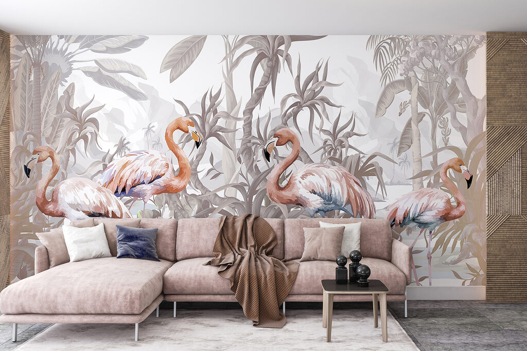 Group of flamingos in a forest