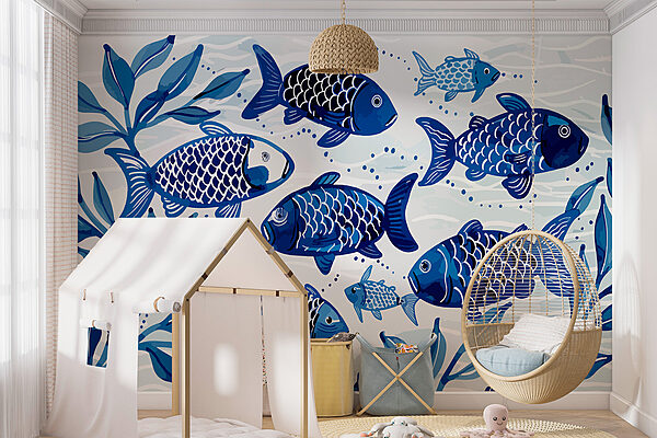 Group of blue fish swimming in water Group of blue fish swimming in water