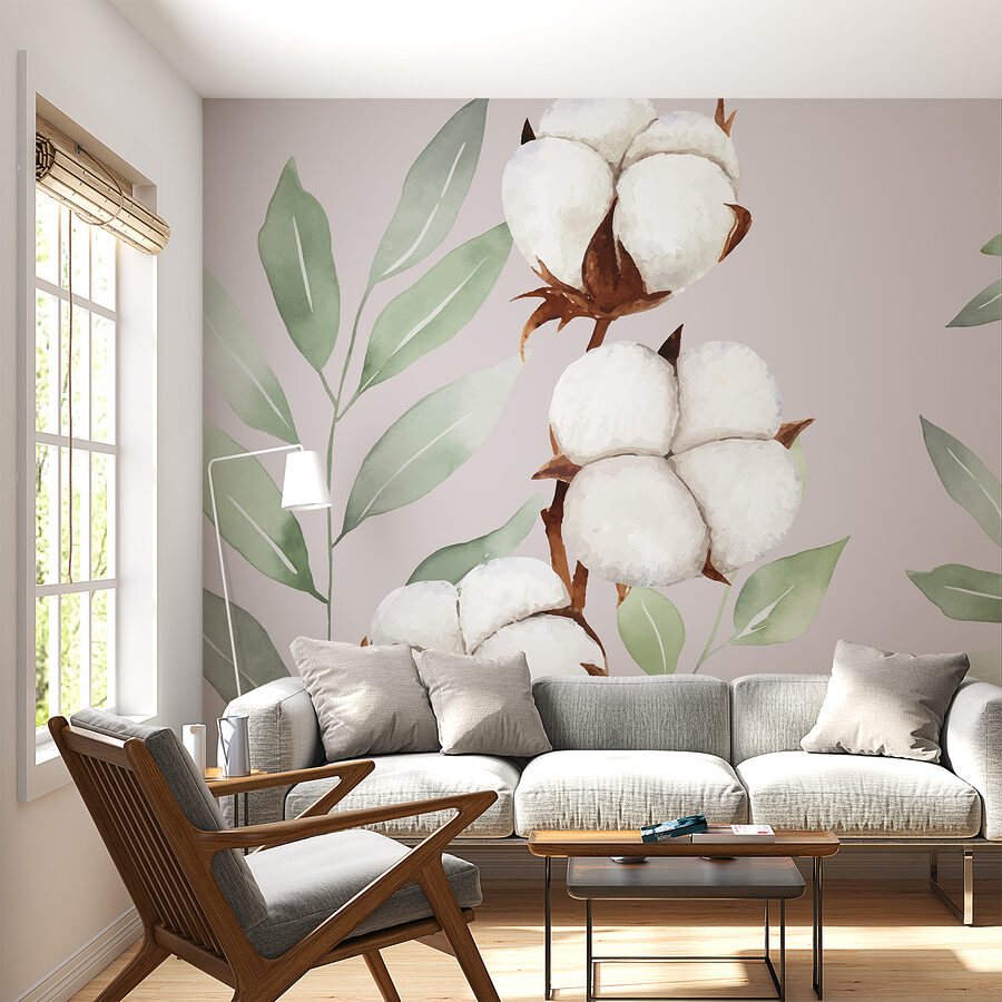 Cotton flowers and leaves