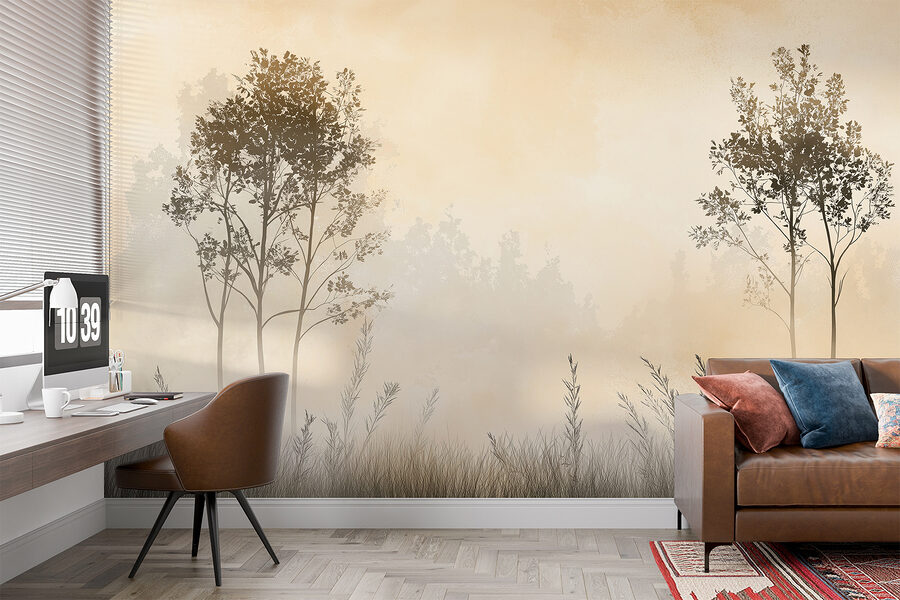 Foggy landscape with trees and grass