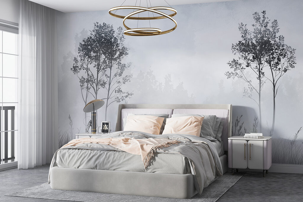 Foggy landscape with trees and grass