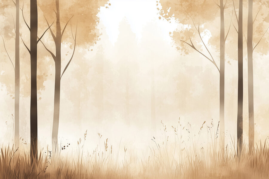 Foggy forest with trees and grass