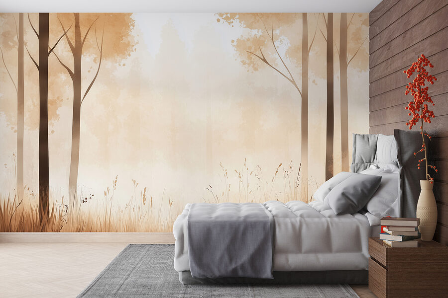 Foggy forest with trees and grass