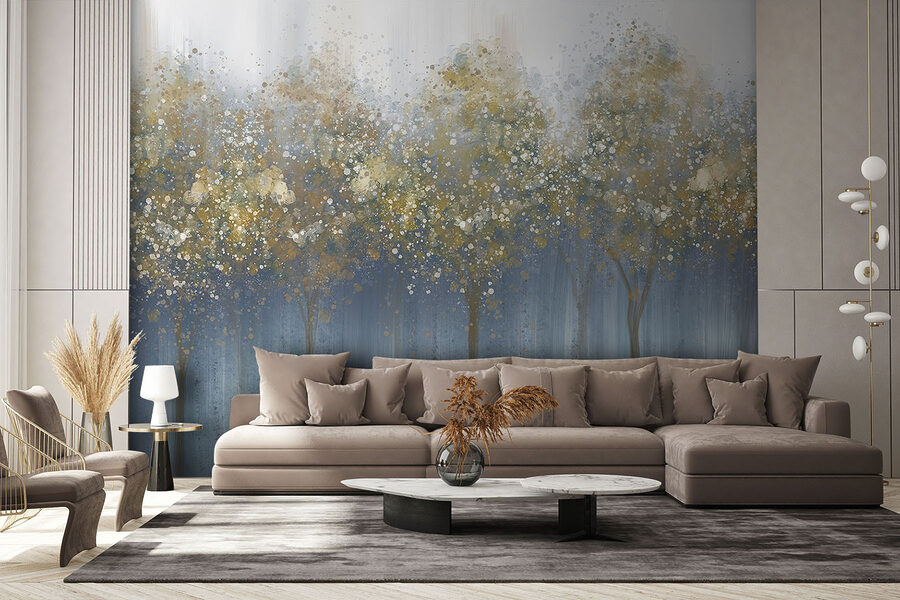 Painting of trees in a foggy forest