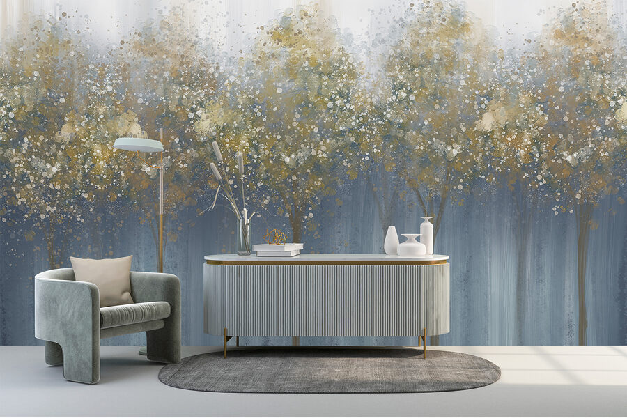 Painting of trees in a foggy forest