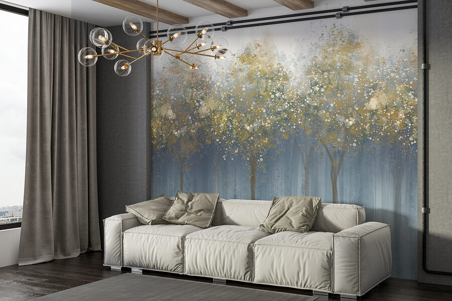 Painting of trees in a foggy forest