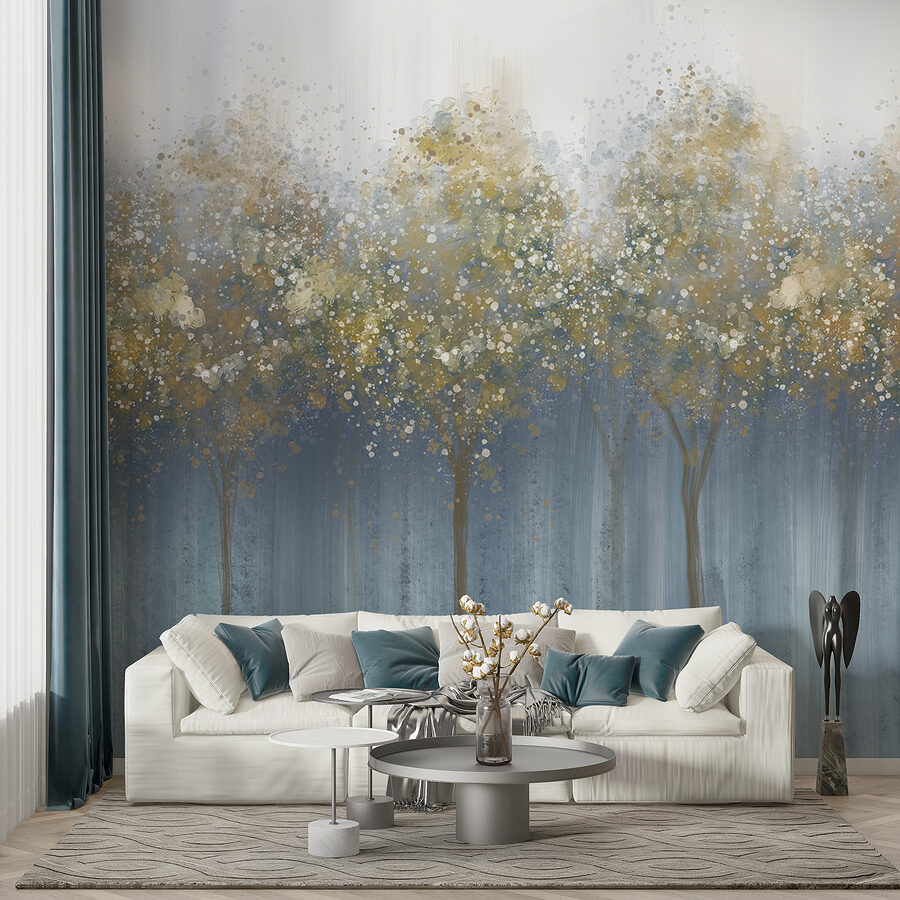 Painting of trees in a foggy forest
