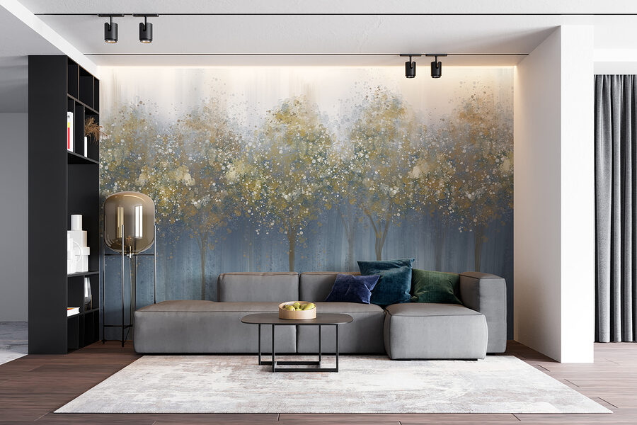 Painting of trees in a foggy forest