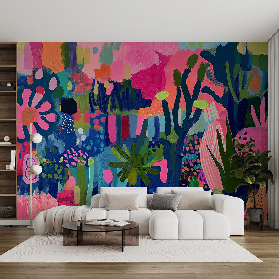 Wall murals Colorful painting of plants and flowers