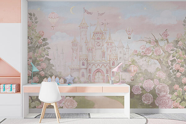 Castle with flowers and hot air balloons Castle with flowers and hot air balloons