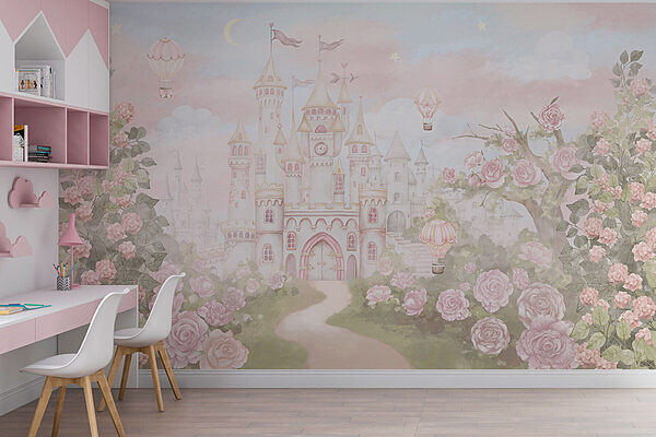 Castle with flowers and hot air balloons Castle with flowers and hot air balloons