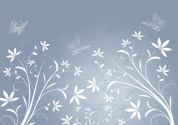 White flowers and butterflies on a blue background White flowers and butterflies on a blue background