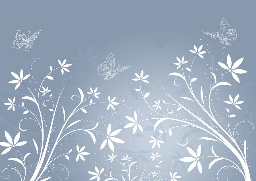 White flowers and butterflies on a blue background