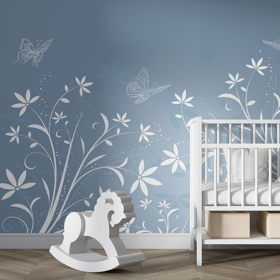 White flowers and butterflies on a blue background