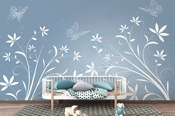 White flowers and butterflies on a blue background White flowers and butterflies on a blue background