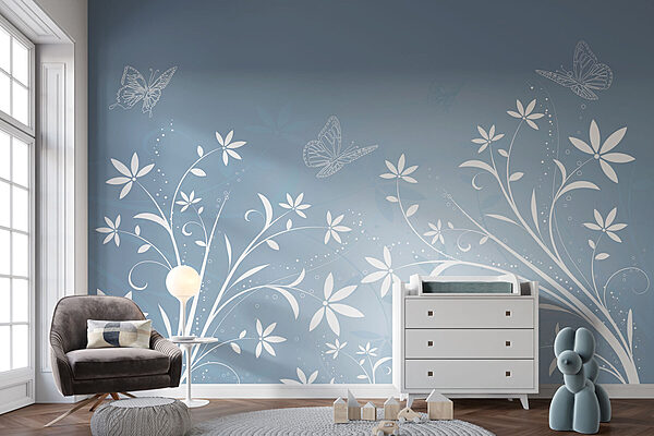 White flowers and butterflies on a blue background White flowers and butterflies on a blue background