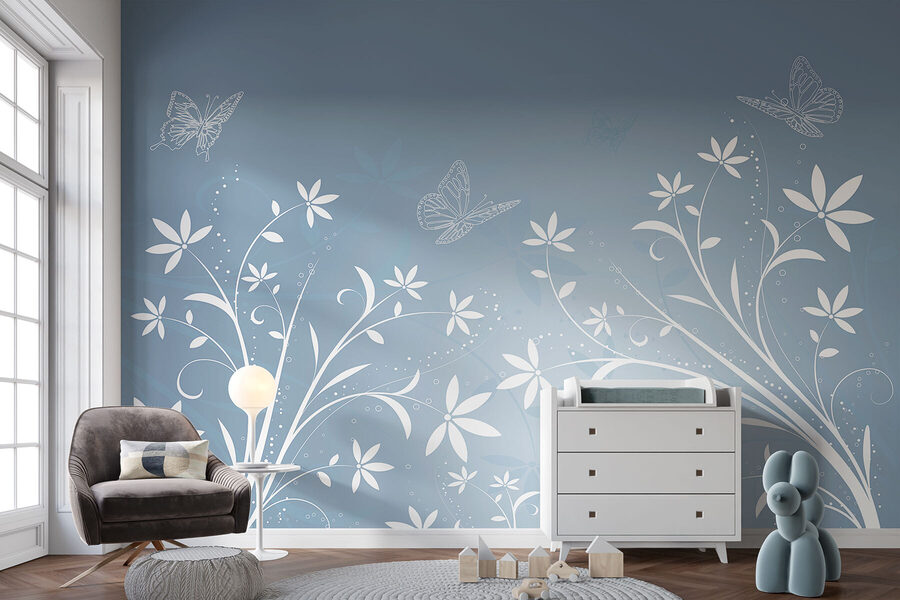 White flowers and butterflies on a blue background