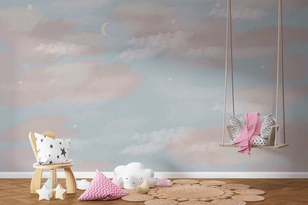 Blue sky with clouds and a crescent moon