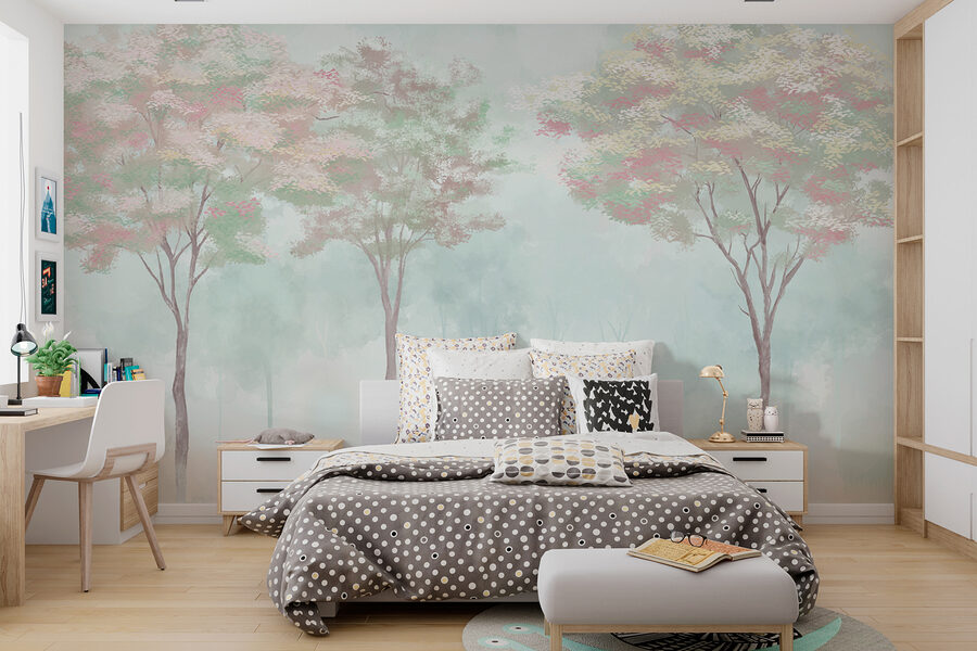 Wall murals Group of trees in a foggy forest