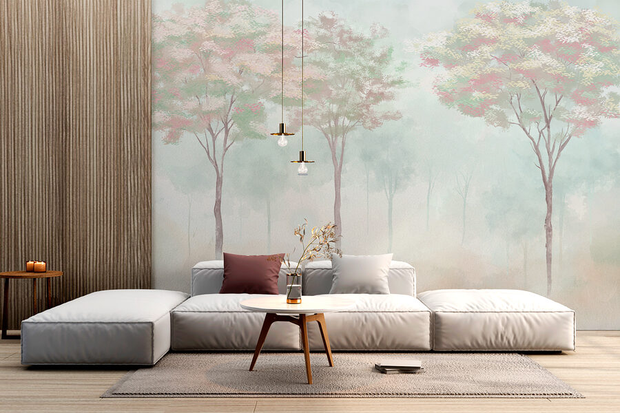 Wall murals Group of trees in a foggy forest - Image 3