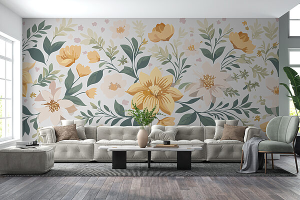 Floral design with yellow flowers and green leaves Floral design with yellow flowers and green leaves