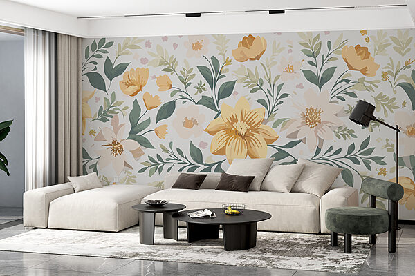 Floral design with yellow flowers and green leaves Floral design with yellow flowers and green leaves