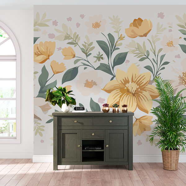 Floral design with yellow flowers and green leaves Floral design with yellow flowers and green leaves