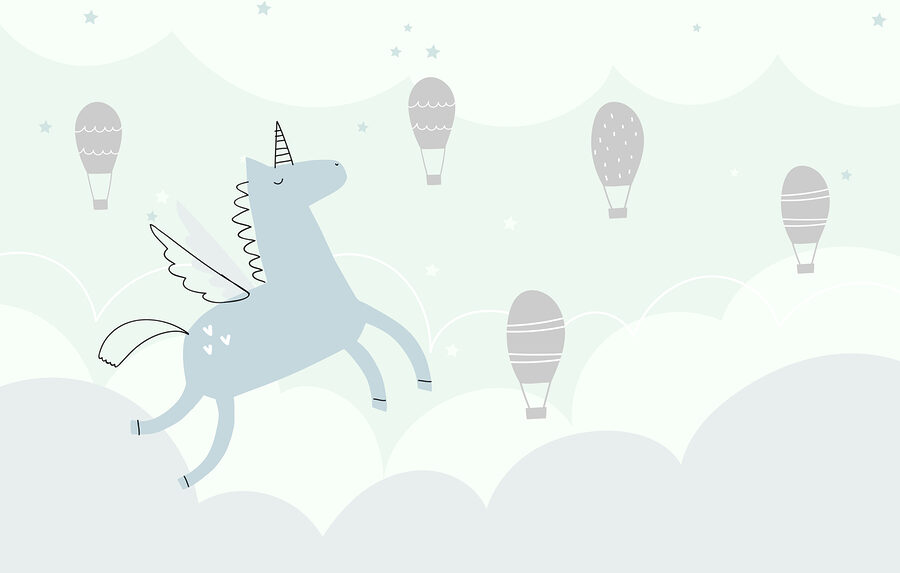Blue unicorn with wings and wings flying in the sky with hot air balloons