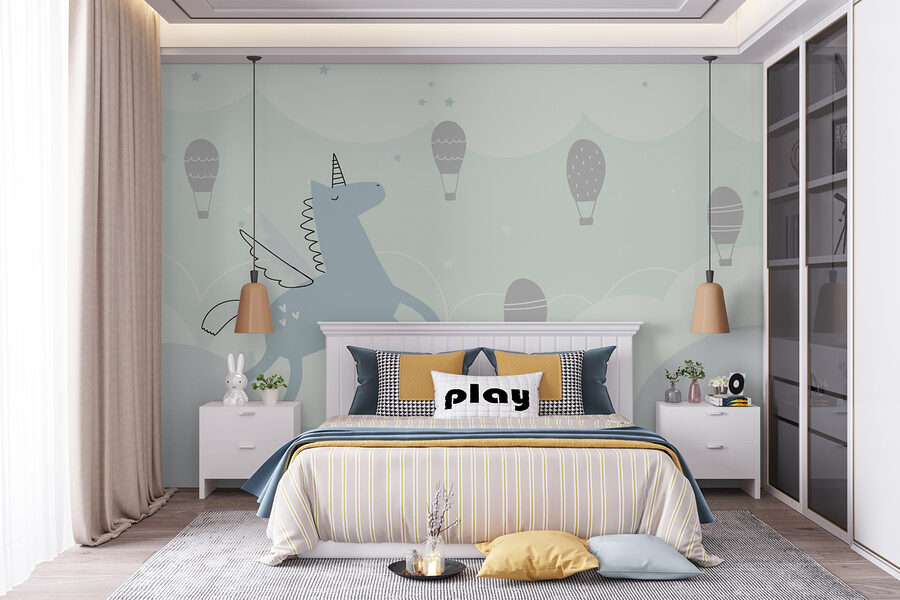 Blue unicorn with wings and wings flying in the sky with hot air balloons