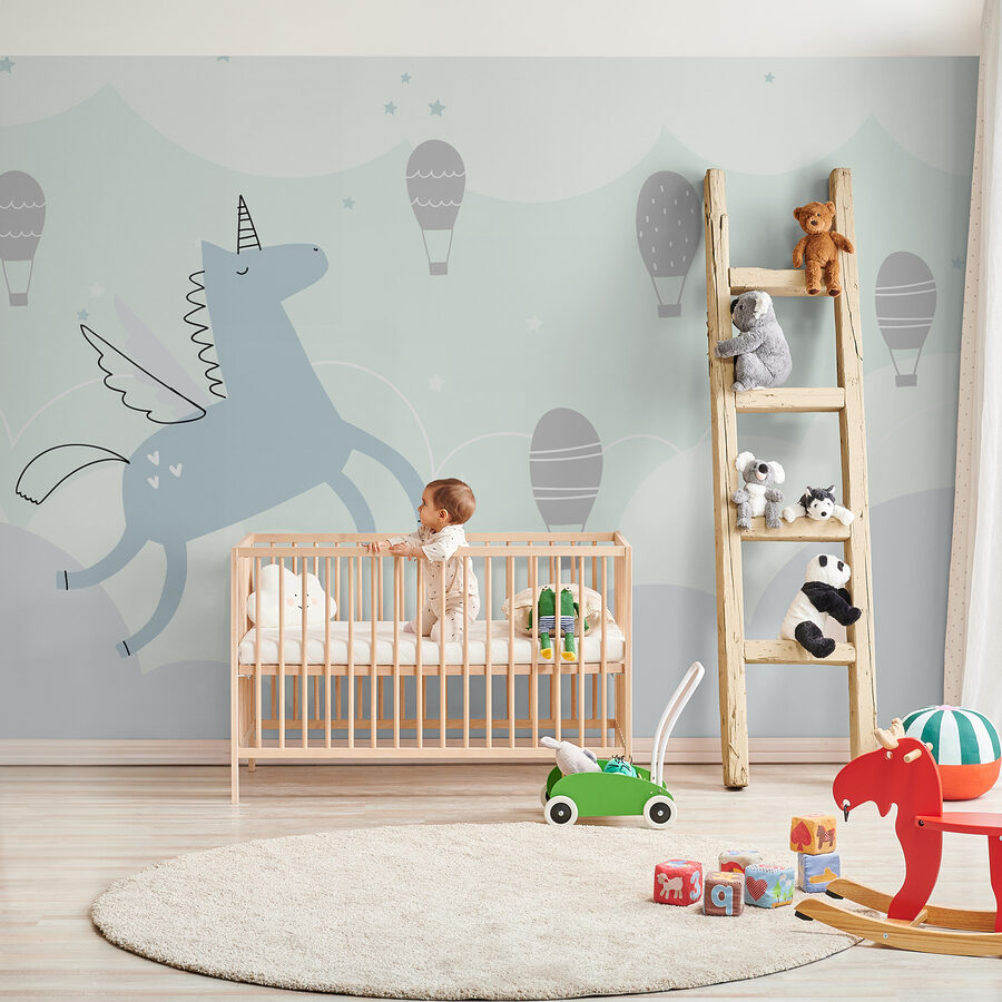 Blue unicorn with wings and wings flying in the sky with hot air balloons