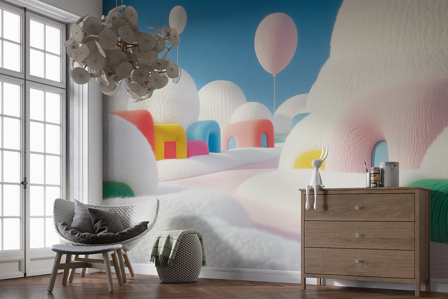 Landscape with balloons and buildings