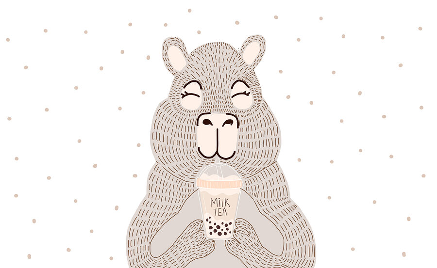 Cartoon of a bear holding a bubble tea