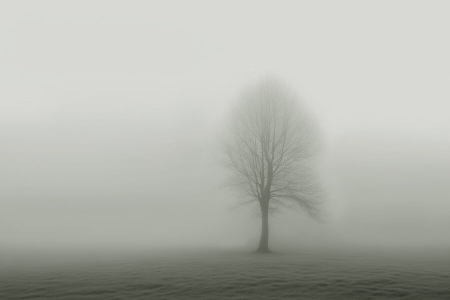 Tree in a foggy field