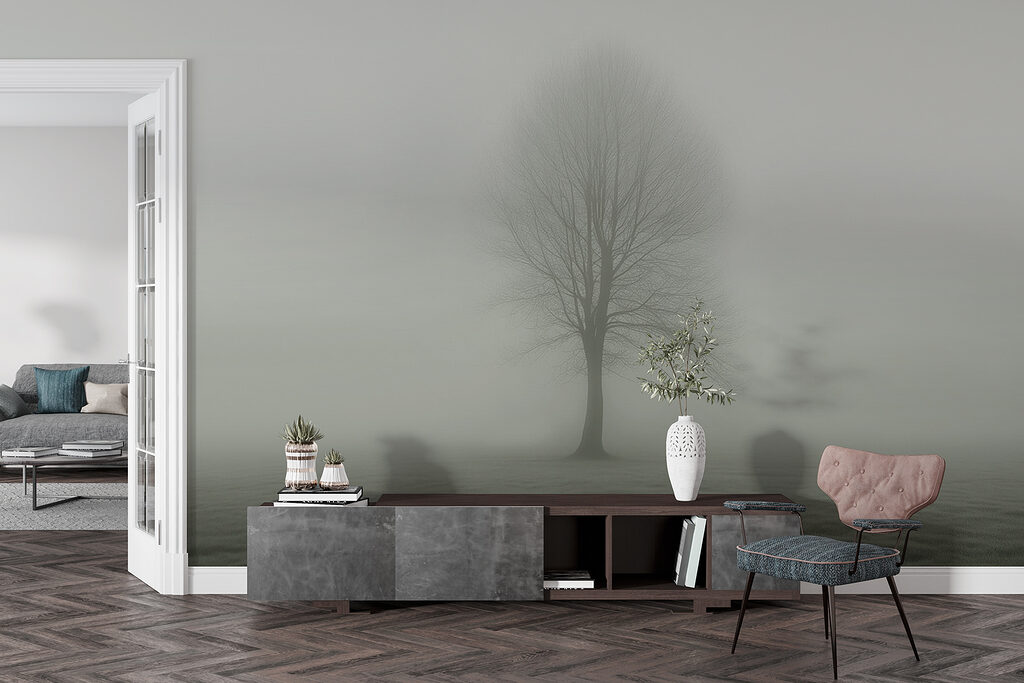 Tree in a foggy field