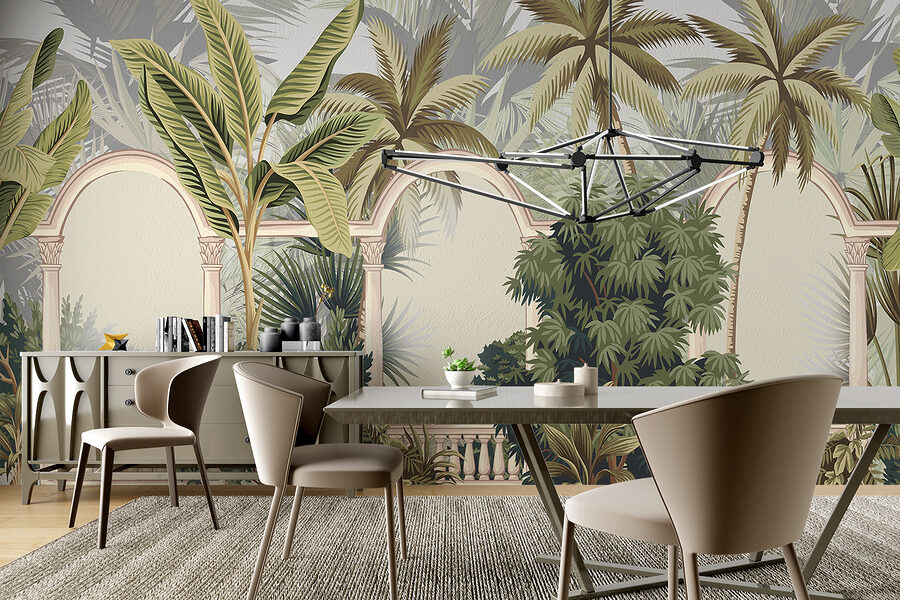 Wallpaper with palm trees and arches
