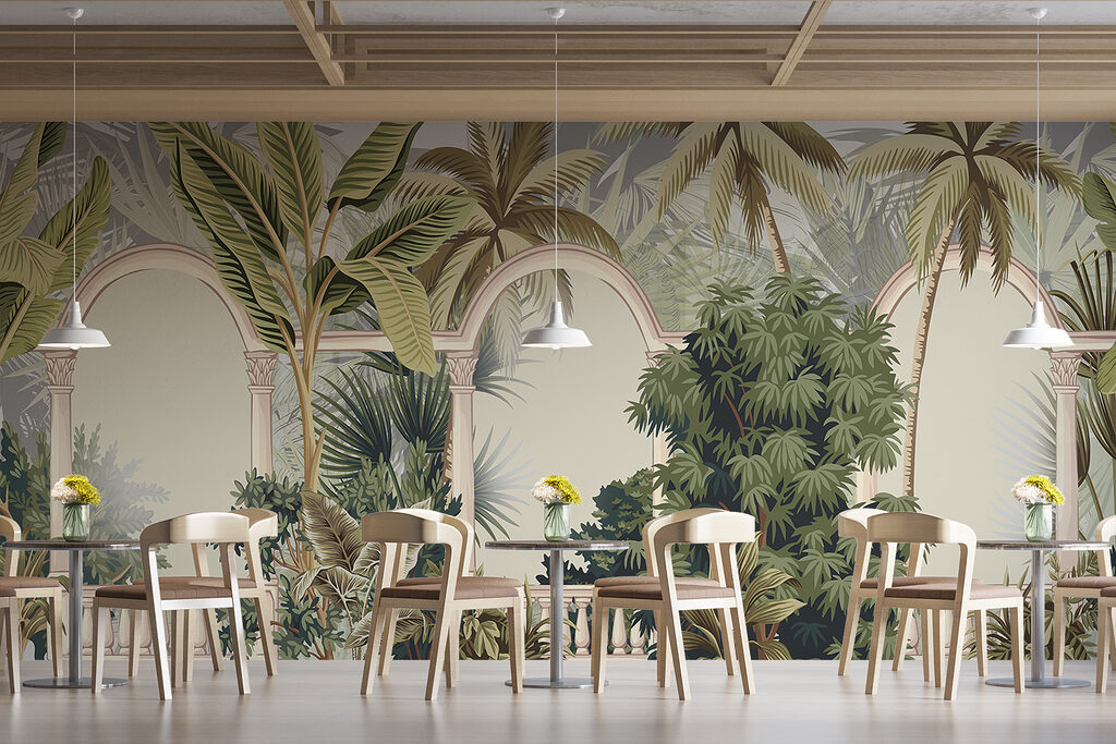 Wallpaper with palm trees and arches