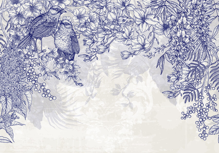 Blue and white drawing of birds and flowers