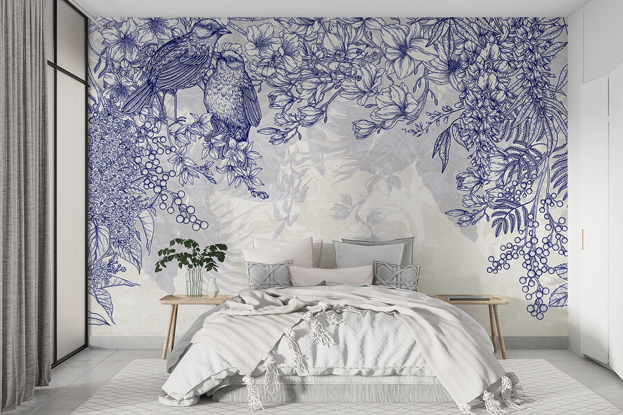Blue and white drawing of birds and flowers