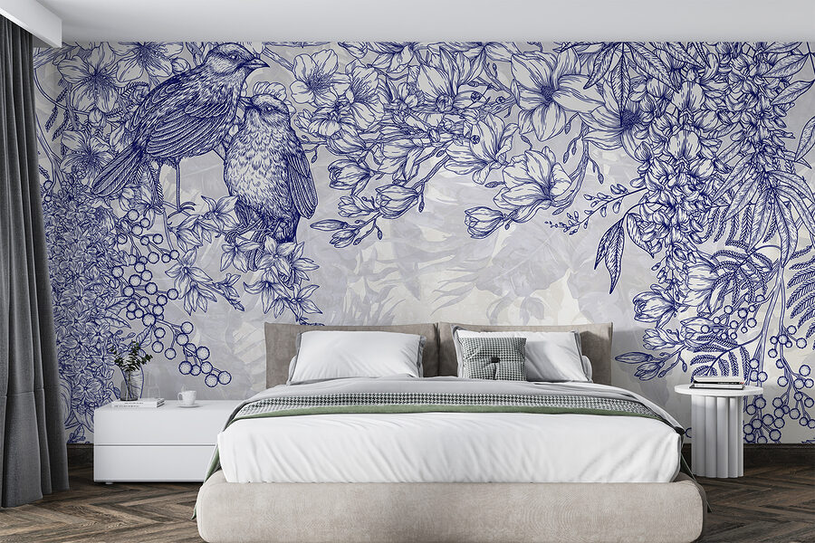 Blue and white drawing of birds and flowers