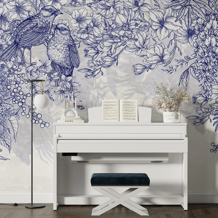 Blue and white drawing of birds and flowers
