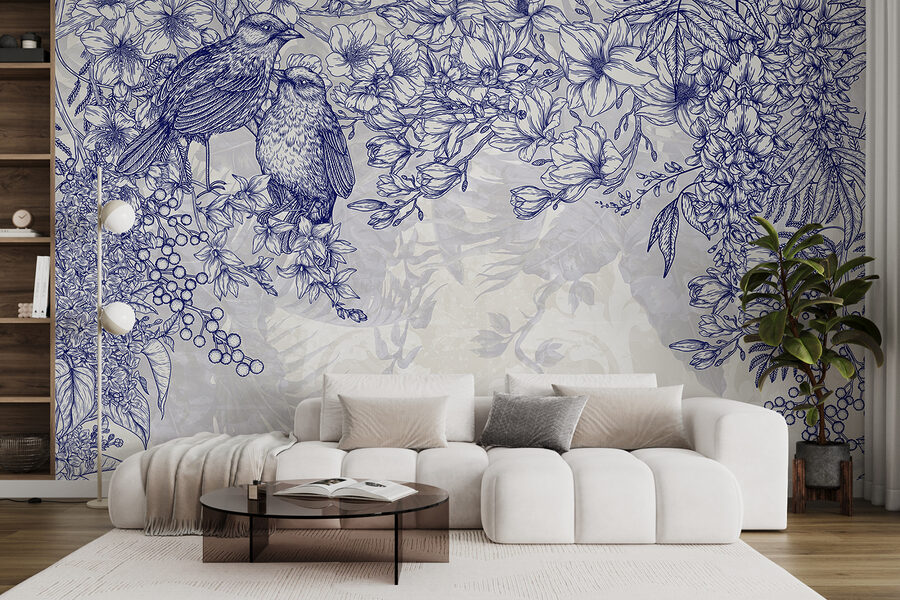Blue and white drawing of birds and flowers
