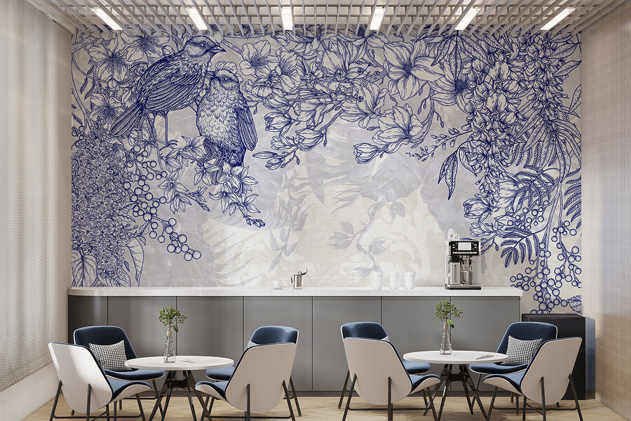 Blue and white drawing of birds and flowers