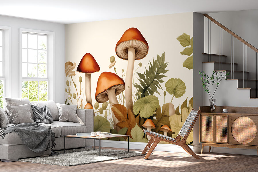 Group of mushrooms with leaves