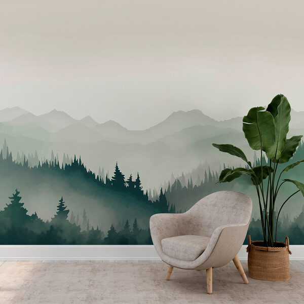 Foggy mountain landscape with trees and mountains Foggy mountain landscape with trees and mountains