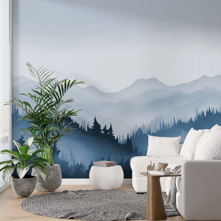 Wall murals Foggy mountain landscape with trees and mountains