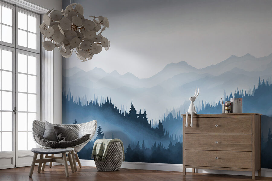 Wall murals Foggy mountain landscape with trees and mountains - Image 2