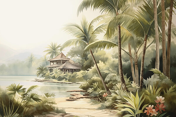 Watercolor painting of a house and palm trees Watercolor painting of a house and palm trees