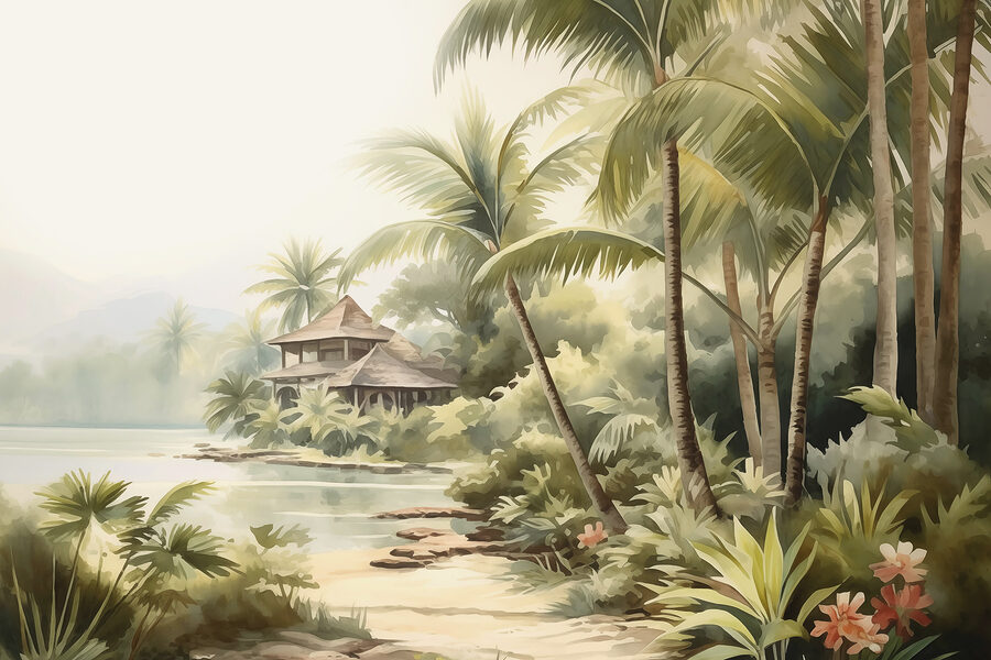 Watercolor painting of a house and palm trees Watercolor painting of a house and palm trees