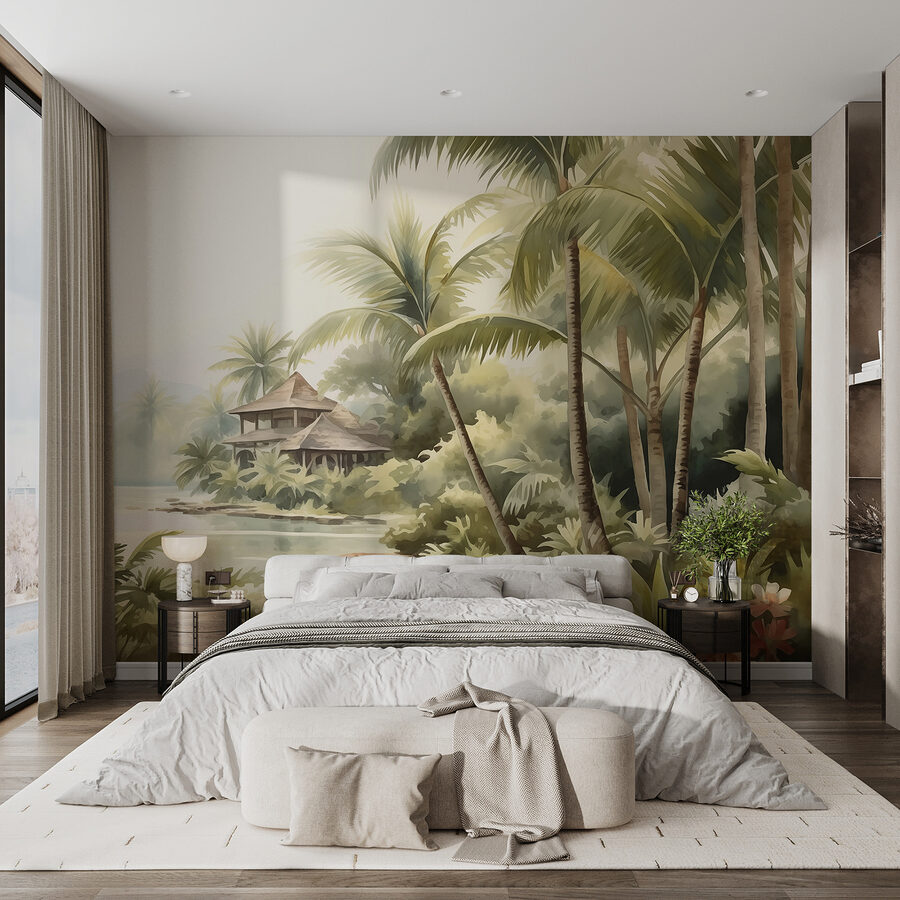 Watercolor painting of a house and palm trees Watercolor painting of a house and palm trees