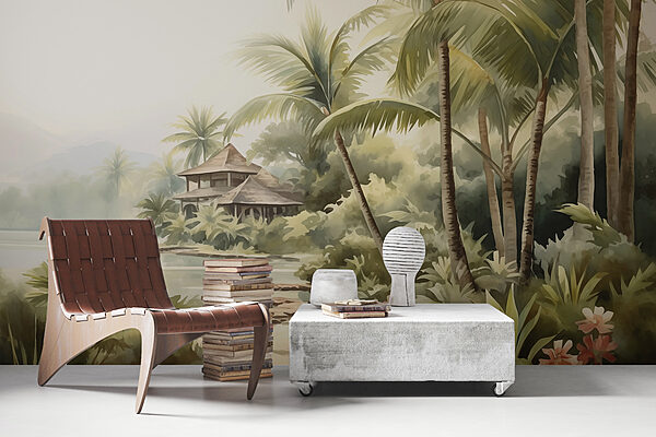 Watercolor painting of a house and palm trees Watercolor painting of a house and palm trees